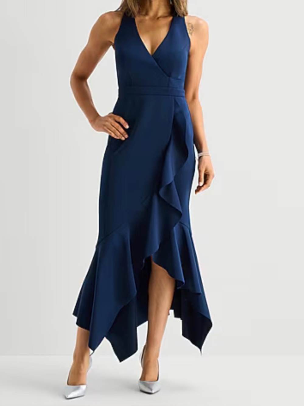 DJ-Jaz Navy Sleeveless Faux-Wrap Ruffle Midi Dress
